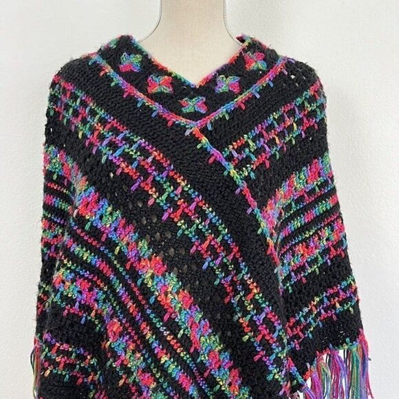 Crocheted Handmade Boho Black Rainbow Loose Knit Fringe Shawl Poncho Sweater OS - Picture 3 of 12